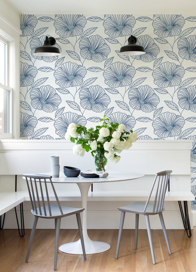 Mythic Blue Floral Wallpaper with Modern Botanical Flower Outline - A-Street Prints 2973-91135