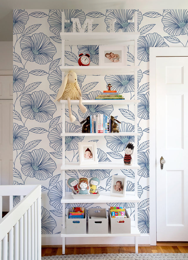Mythic Blue Floral Wallpaper with Modern Botanical Flower Outline - A-Street Prints 2973-91135
