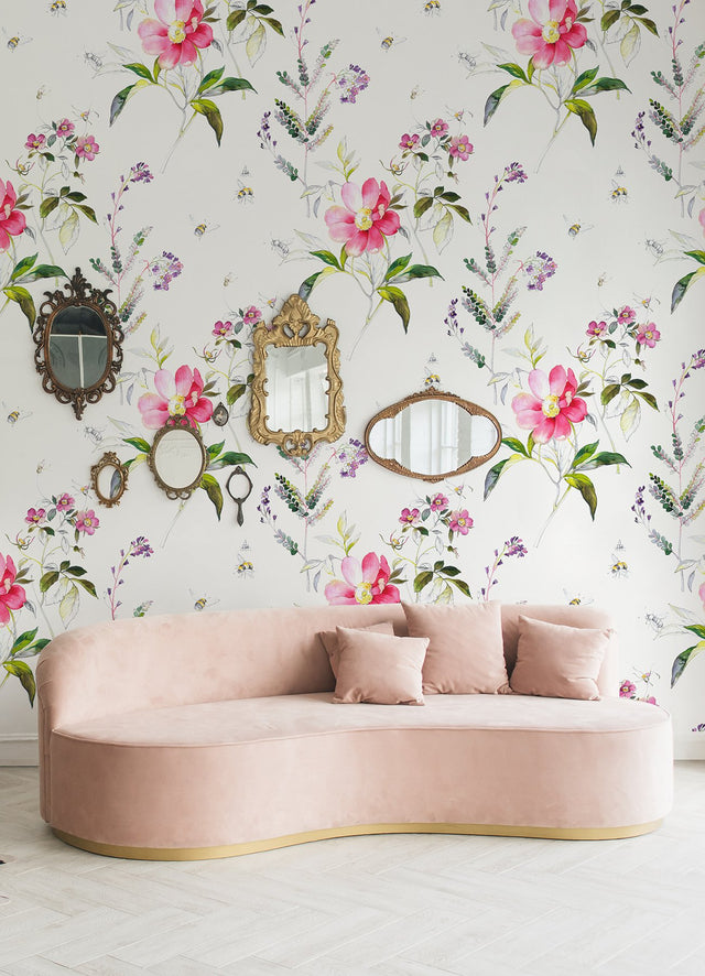 Sinclair Pink Floral and Bumblebee Wall Mural - A?Street Prints 2973-92401M