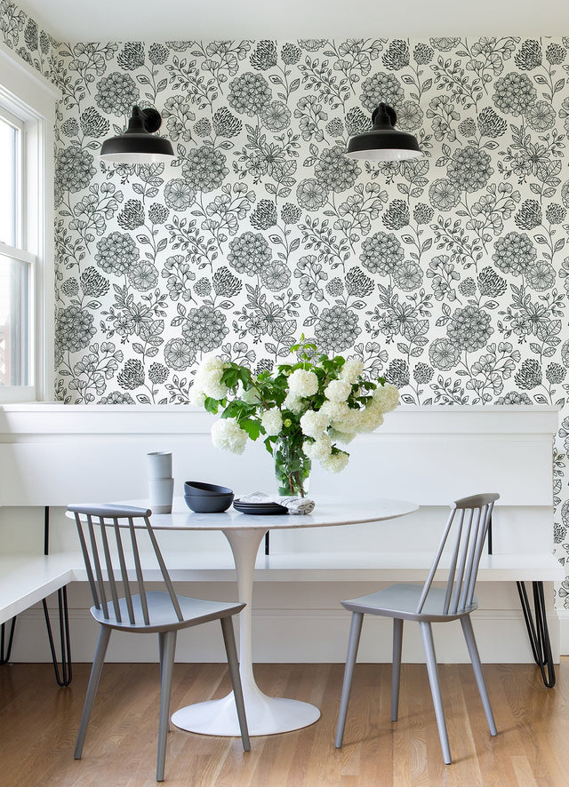 Ada Black Floral Wallpaper with Modern Botanical Flower Line Art - A-Street Prints 2975-26203