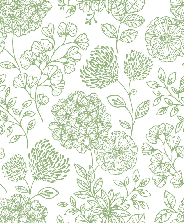Ada Green Floral Wallpaper with Modern Botanical Flower Linework - A-Street Prints 2975-26204