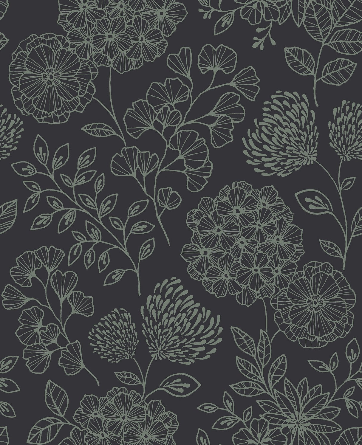 Ada Charcoal Floral Wallpaper with Modern Botanical Flower Linework - A?Street Prints 2975-26206SAM