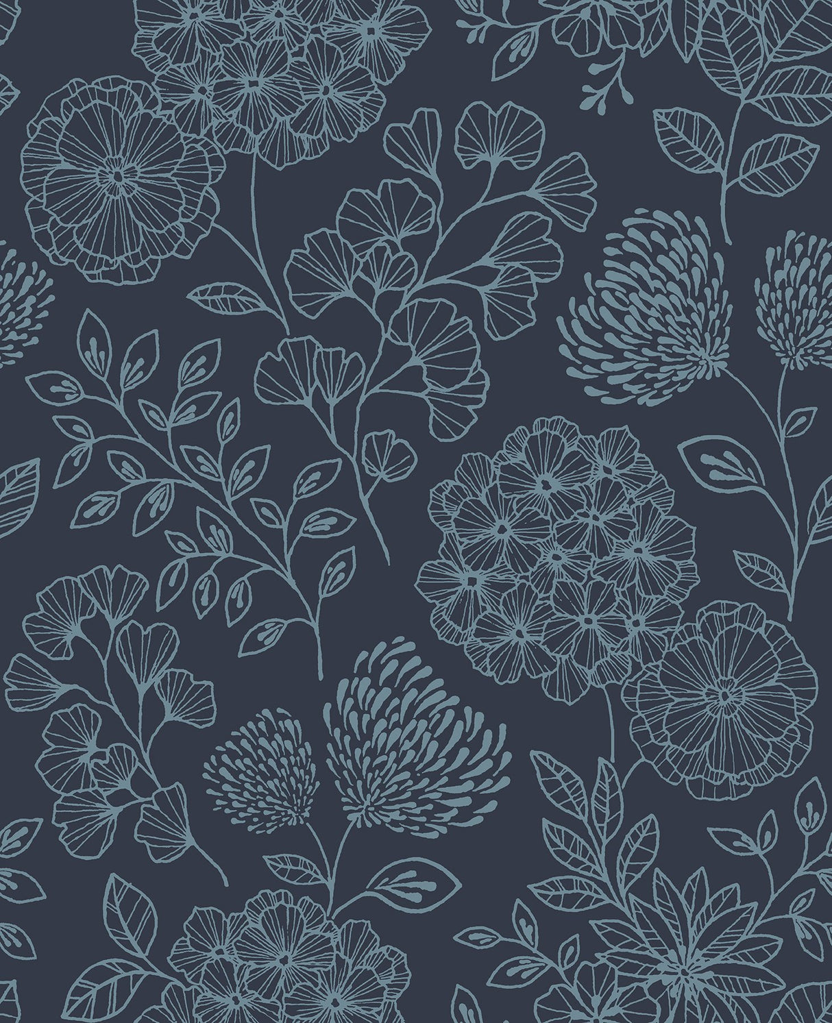 Ada Indigo Floral Wallpaper with Modern Botanical Flower Linework - A-Street Prints 2975-26207