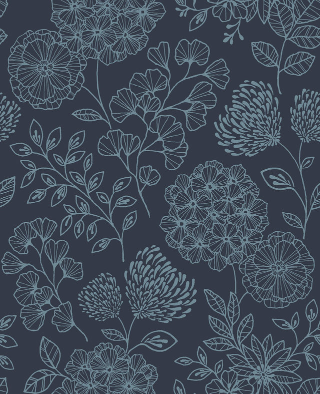 Ada Indigo Floral Wallpaper with Modern Botanical Flower Linework - A-Street Prints 2975-26207