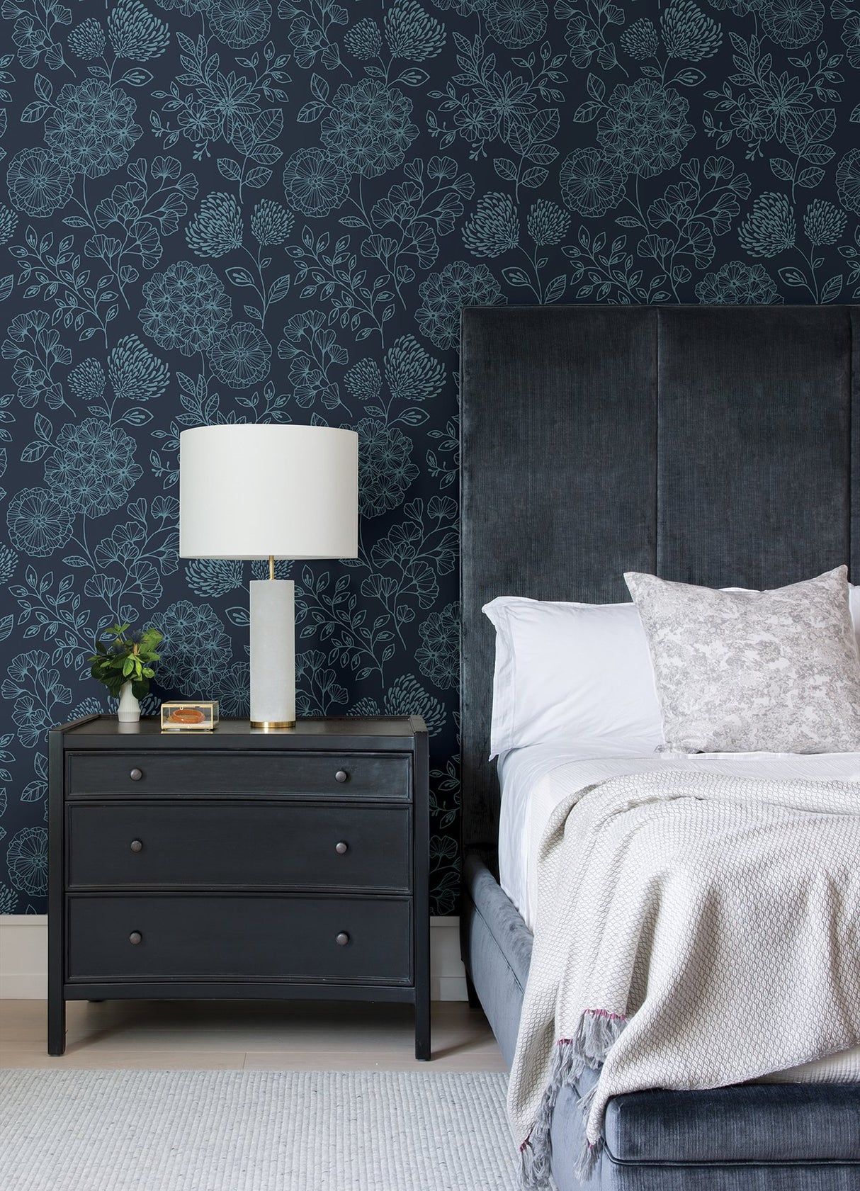Ada Indigo Floral Wallpaper with Modern Botanical Flower Linework - A-Street Prints 2975-26207