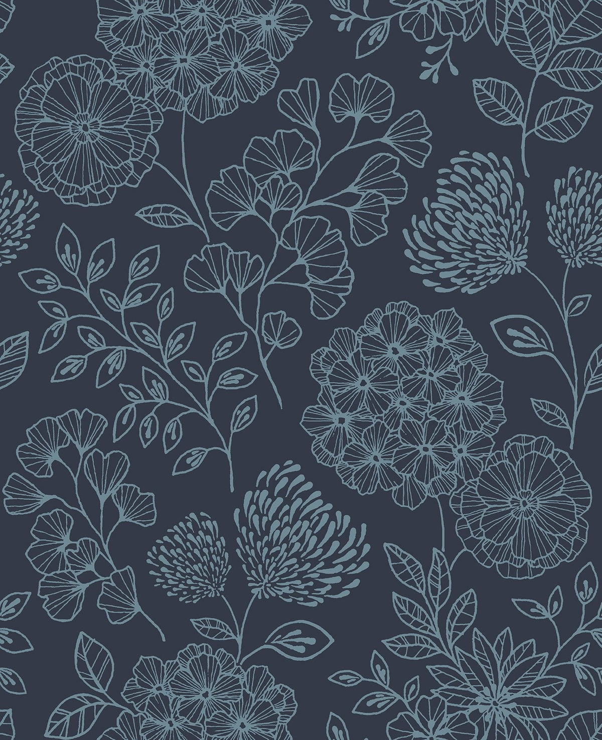 Ada Indigo Floral Wallpaper with Modern Botanical Flower Linework - A-Street Prints 2975-26207SAM