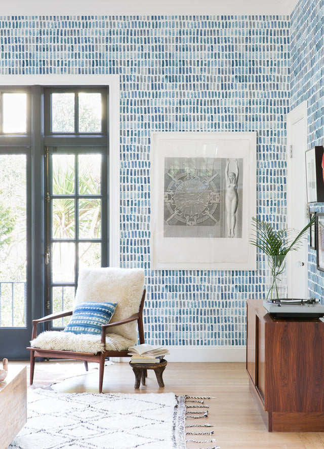 Brynne Indigo Watercolor Wallpaper with Modern Geometric Mosaic Pattern - Brewster 2975-26224