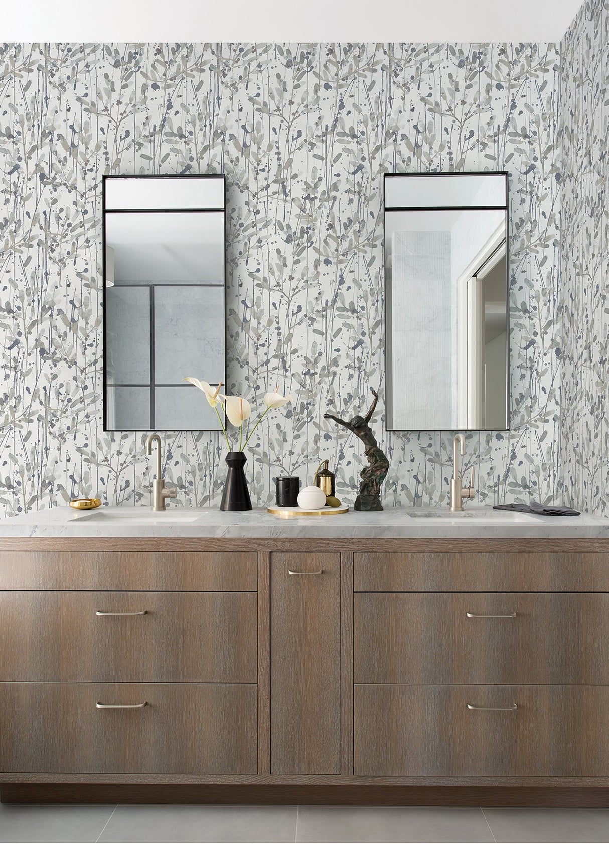 Leandra Grey Floral Trail Wallpaper with Modern Botanical Pattern - Brewster 2975-26238