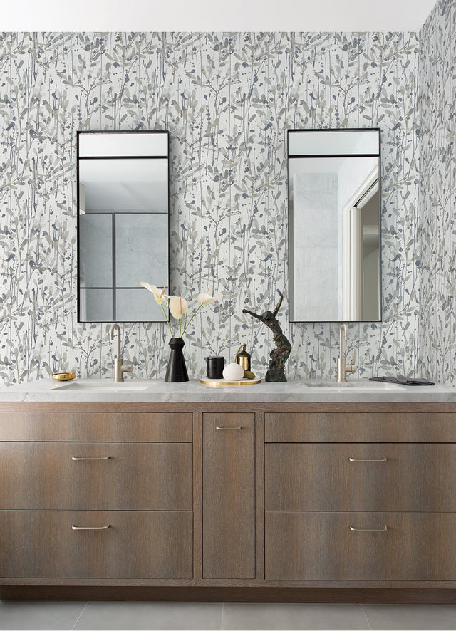 Leandra Grey Floral Trail Wallpaper with Modern Botanical Pattern - Brewster 2975-26238