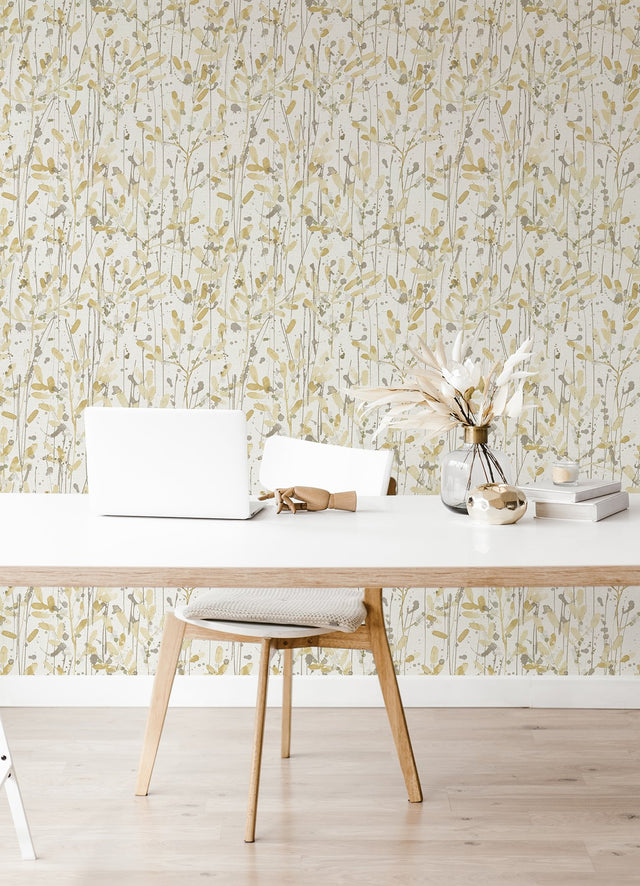Leandra Yellow Floral Trail Wallpaper with Modern Botanical Pattern, Unpasted Non Woven - A-Street Prints 2975-26240