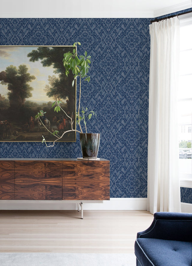 Felix Indigo Geometric Wallpaper with Modern Diamond Stitch Motif - A?Street Prints 2975-26242