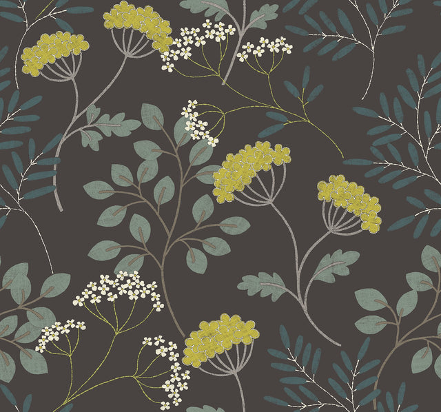 Sorrel Black Botanical Wallpaper with Modern Scandinavian Floral Motif - A-Street Prints 2975-87544