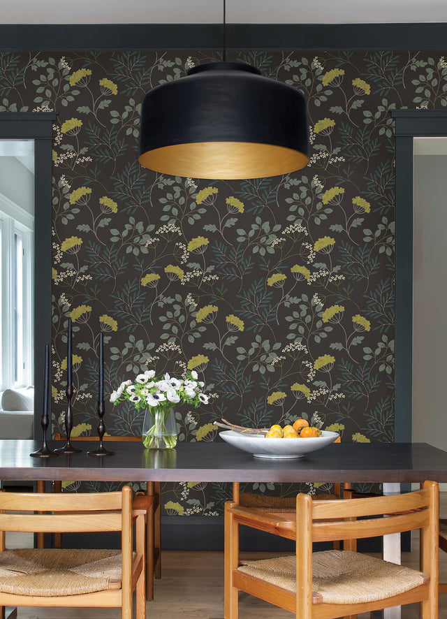 Sorrel Black Botanical Wallpaper with Modern Scandinavian Floral Motif - A-Street Prints 2975-87544