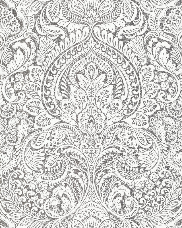 Artemis Platinum Damask Wallpaper with Metallic Foil Glam Botanical Motif - A-Street Prints 2976-86444