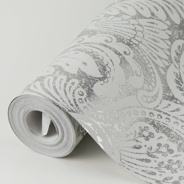 Artemis Platinum Damask Wallpaper with Metallic Foil Glam Botanical Motif - A-Street Prints 2976-86444