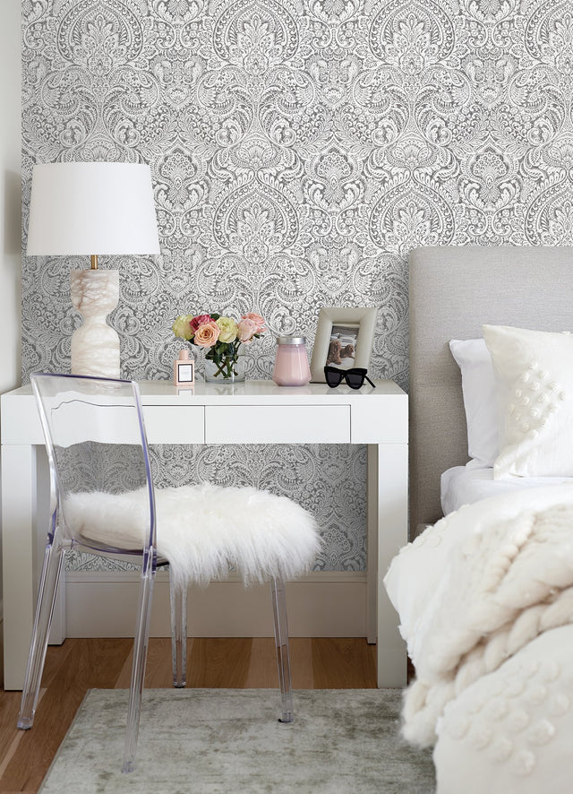 Artemis Platinum Damask Wallpaper with Metallic Foil Glam Botanical Motif - A-Street Prints 2976-86444