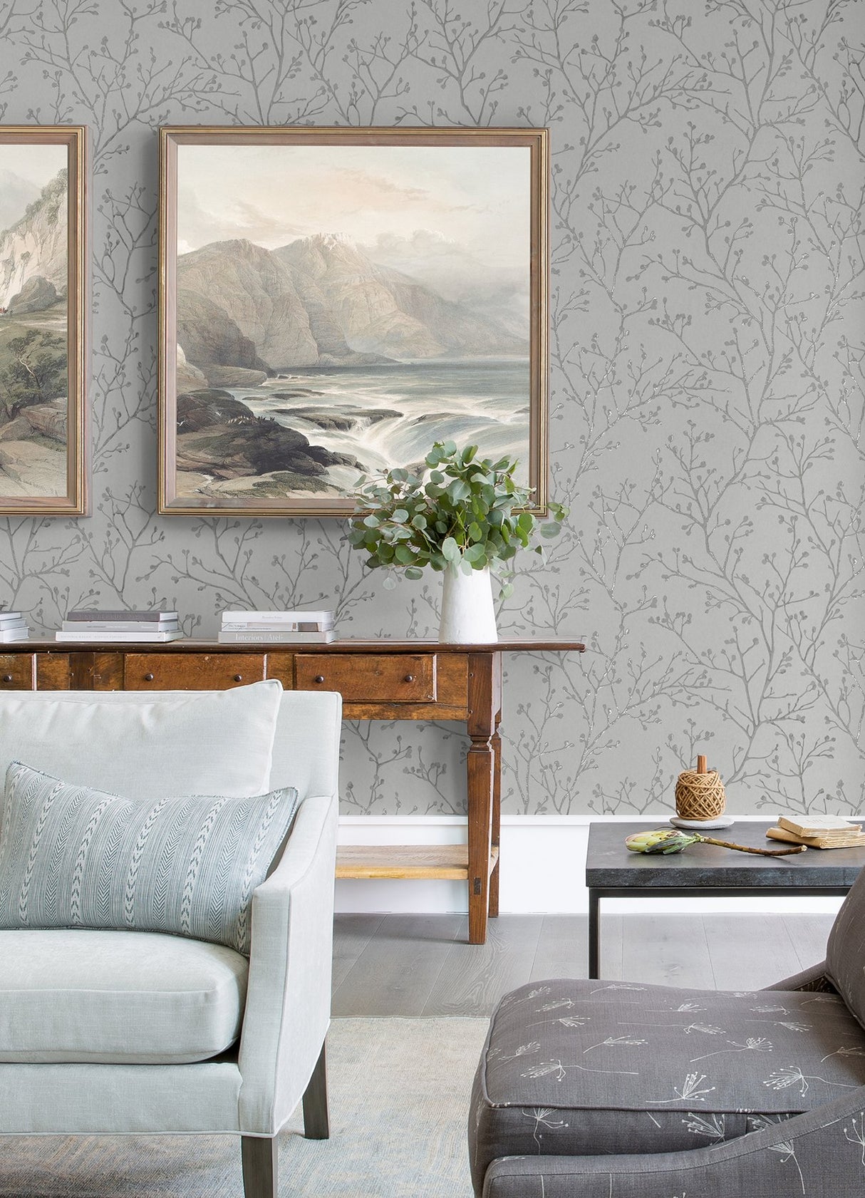 Koura Platinum Branches Wallpaper with Metallic Botanical Motif - A-Street Prints 2976-86456