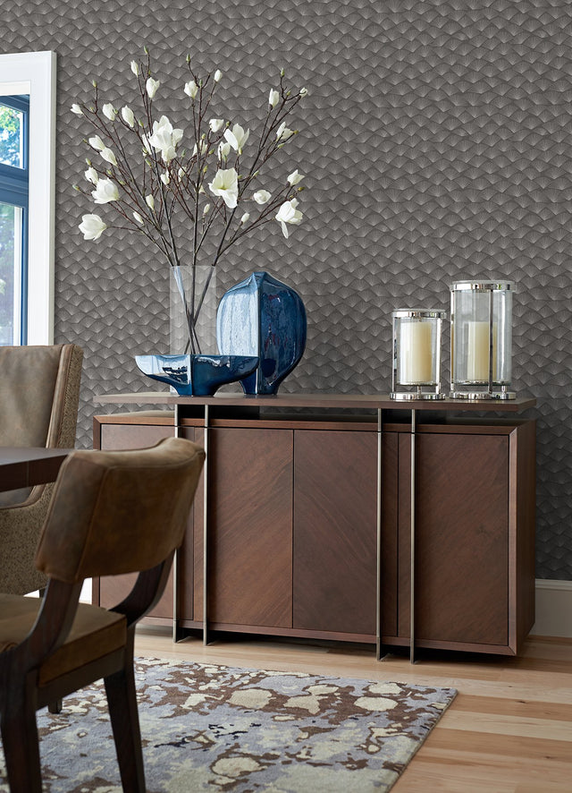Asteria Charcoal Fan Wallpaper with Modern Graphic Fan Motif, Raised Ink Texture - A-Street Prints 2976-86517