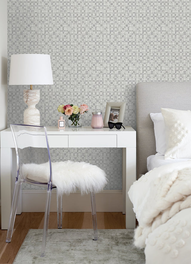 Sarni Platinum Grid Wallpaper with Metallic Textured Geometric Pattern - A-Street Prints 2976-86532