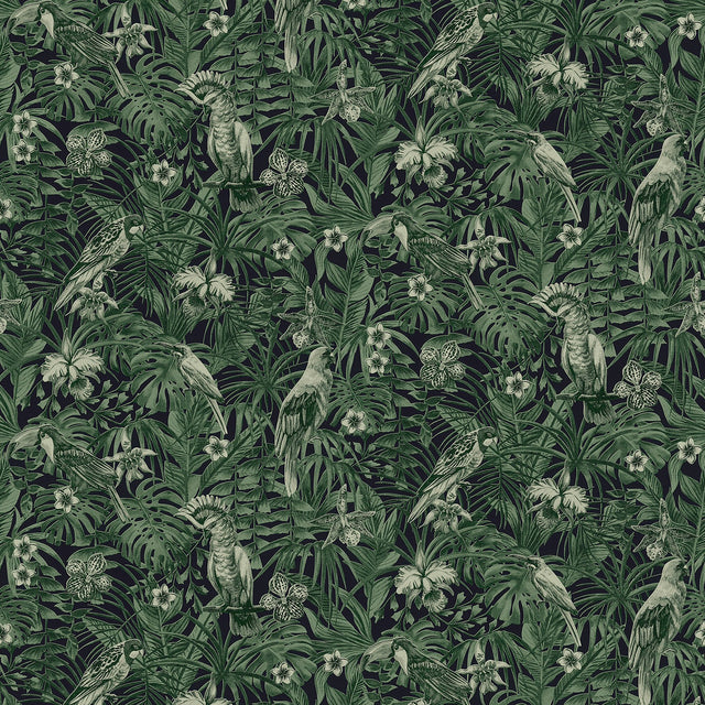 Susila Green Tropical Wallpaper with Botanical Parrot Motif - Advantage 2979-37210-1