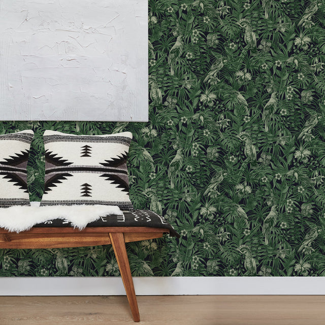 Susila Green Tropical Wallpaper with Botanical Parrot Motif - Advantage 2979-37210-1