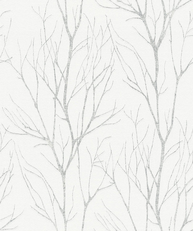 Diani White Metallic Tree Wallpaper with Glam Botanical Trees Pattern, Expanded Vinyl on Non Woven - Advantage 2979-37260-2