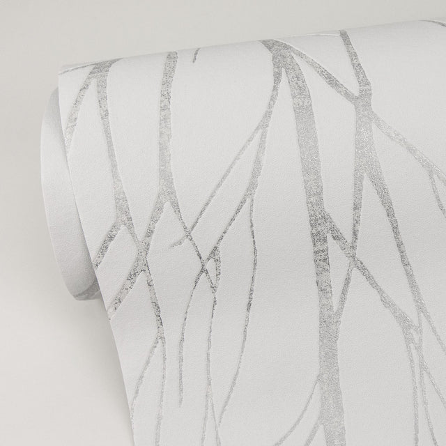 Diani White Metallic Tree Wallpaper with Glam Botanical Trees Pattern, Expanded Vinyl on Non Woven - Advantage 2979-37260-2