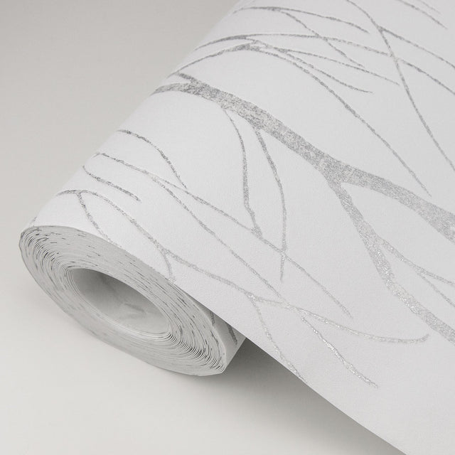 Diani White Metallic Tree Wallpaper with Glam Botanical Trees Pattern, Expanded Vinyl on Non Woven - Advantage 2979-37260-2