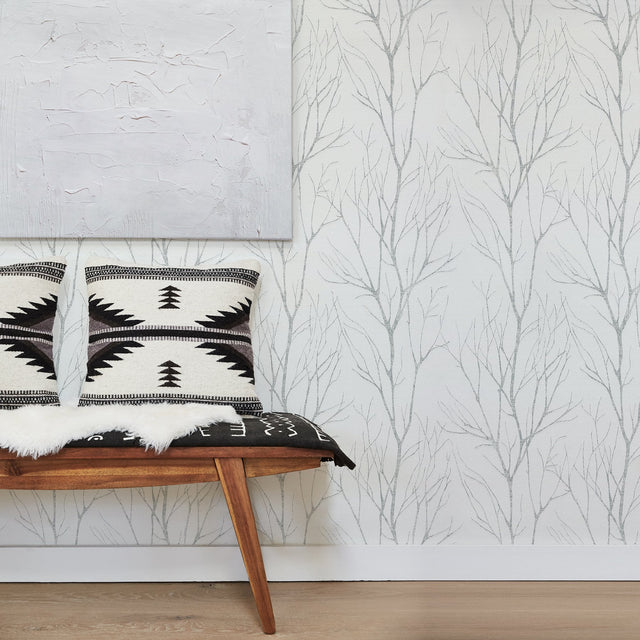 Diani White Metallic Tree Wallpaper with Glam Botanical Trees Pattern, Expanded Vinyl on Non Woven - Advantage 2979-37260-2