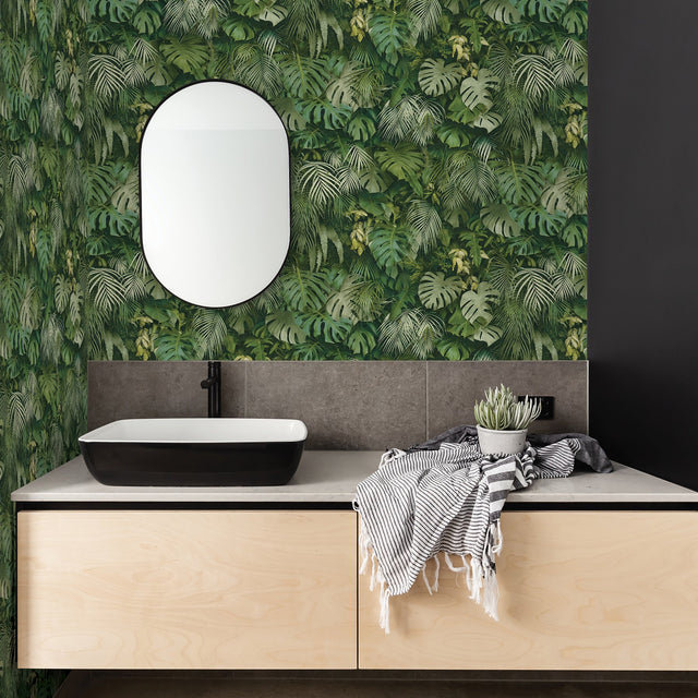 Luana Green Tropical Forest Vinyl Wallpaper with Botanical Leaves Motif, Tropical Style - Advantage 2979-37280-2
