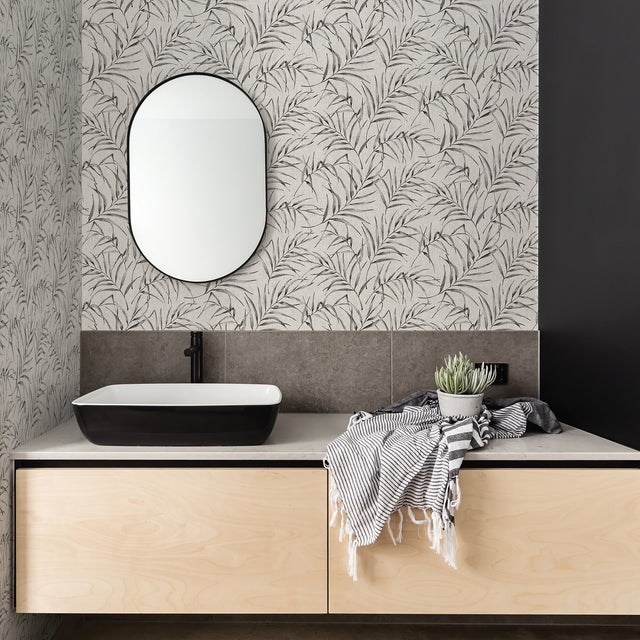 Lani Grey Fronds Wallpaper with Tropical Botanical Motif - Advantage 2979-37335-2