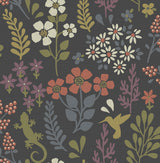 Karina Charcoal Meadow Wallpaper with Scandinavian Floral, Hummingbird & Lizard Motif - Brewster 2980-26170