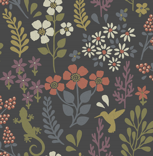 Karina Charcoal Meadow Wallpaper with Scandinavian Floral, Hummingbird & Lizard Motif - Brewster 2980-26170