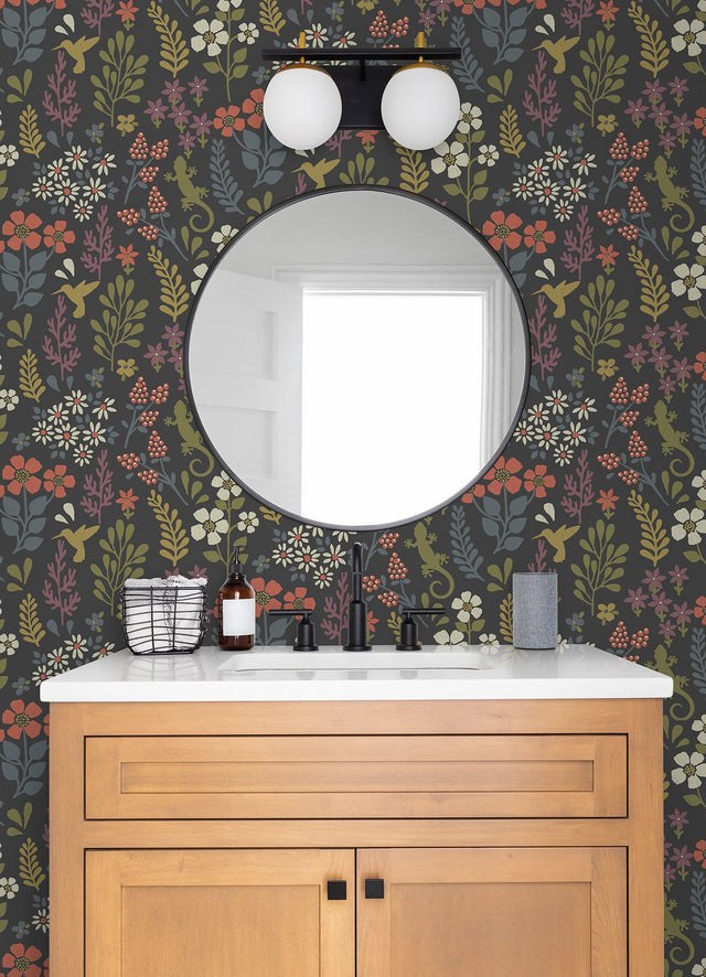 Karina Charcoal Meadow Wallpaper with Scandinavian Floral, Hummingbird & Lizard Motif - Brewster 2980-26170