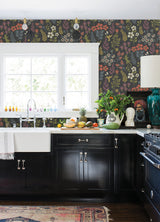 Karina Charcoal Meadow Wallpaper with Scandinavian Floral, Hummingbird & Lizard Motif - Brewster 2980-26170