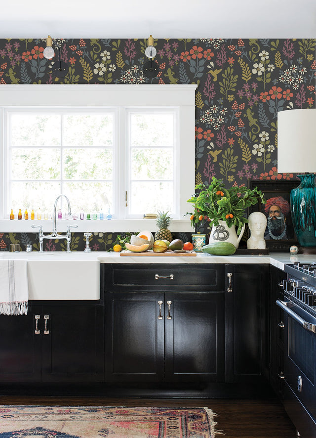 Karina Charcoal Meadow Wallpaper with Scandinavian Floral, Hummingbird & Lizard Motif - Brewster 2980-26170