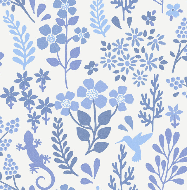 Karina Blue Meadow Wallpaper with Eclectic Flora & Fauna Motif - Advantage 2980-26171