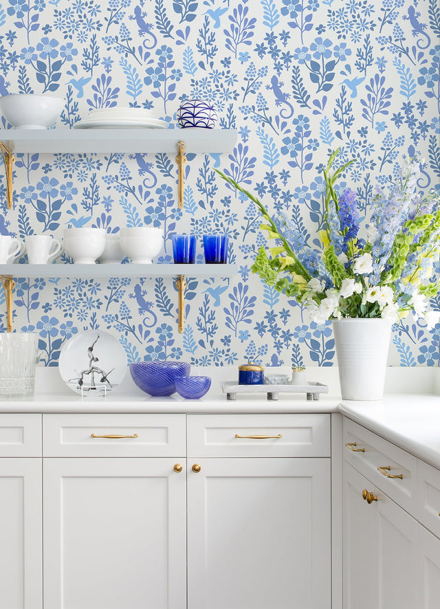Karina Blue Meadow Wallpaper with Eclectic Flora & Fauna Motif - Advantage 2980-26171