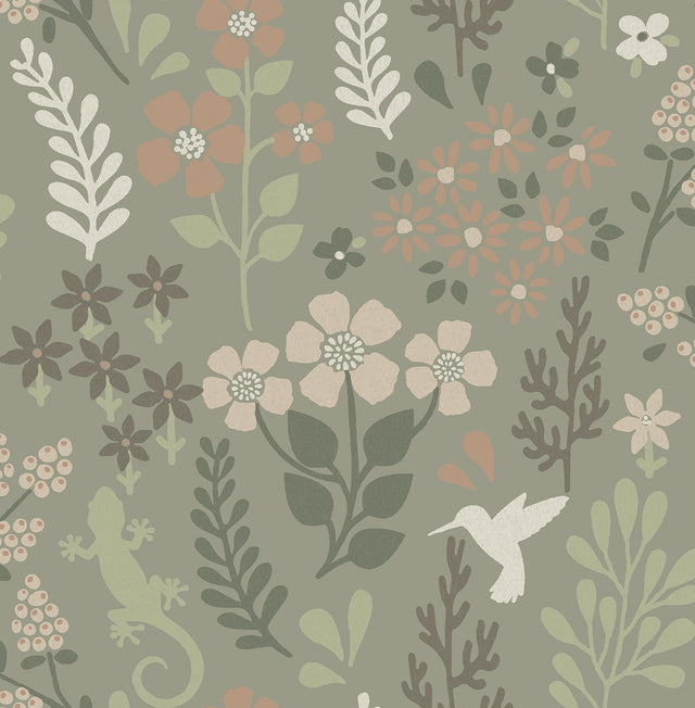 Karina Green Meadow Wallpaper with Scandinavian Floral & Fauna Pattern - Advantage 2980-26173