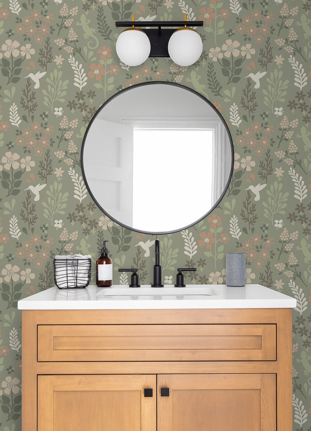 Karina Green Meadow Wallpaper with Scandinavian Floral & Fauna Pattern - Advantage 2980-26173