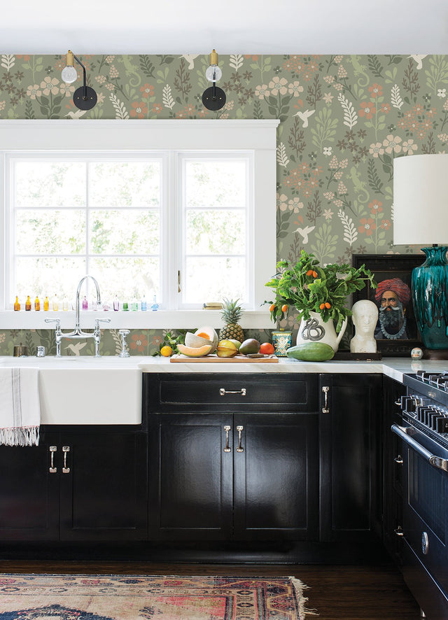Karina Green Meadow Wallpaper with Scandinavian Floral & Fauna Pattern - Advantage 2980-26173
