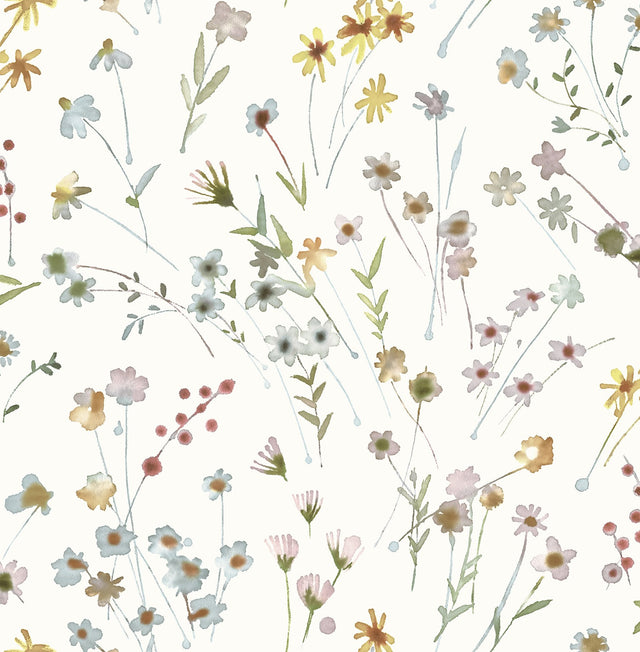 Heidi Yellow Watercolor Florals Wallpaper with Botanical Flowers Motif - Advantage 2980-26174