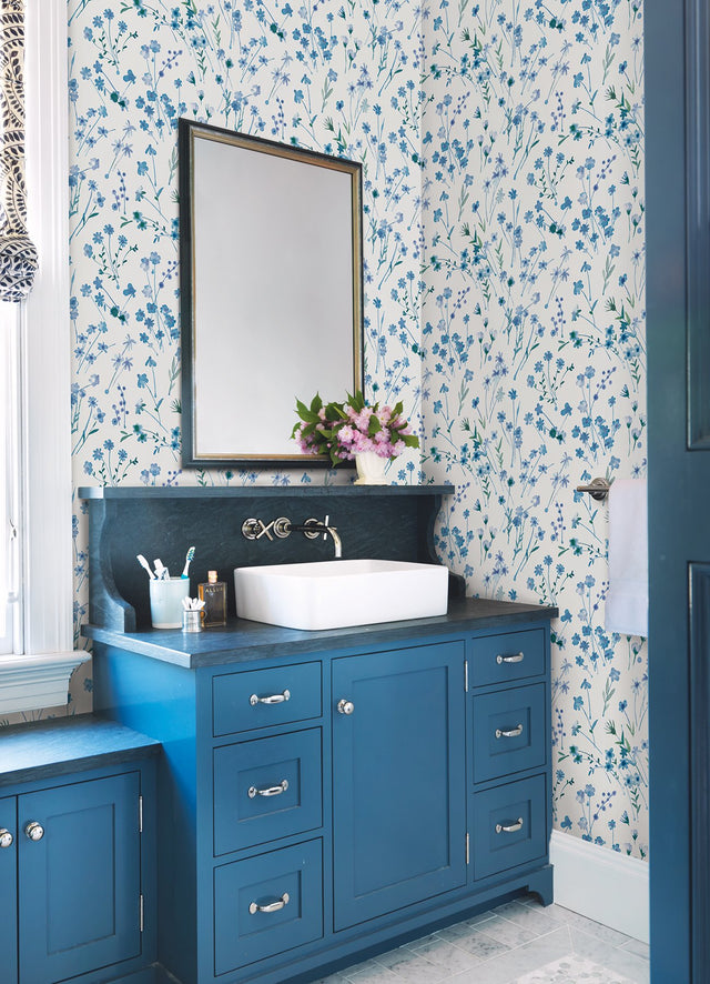 Heidi Blue Watercolor Florals Wallpaper with Botanical Flower Pattern, Unpasted Non Woven Farmhouse Style - Advantage 2980-26176