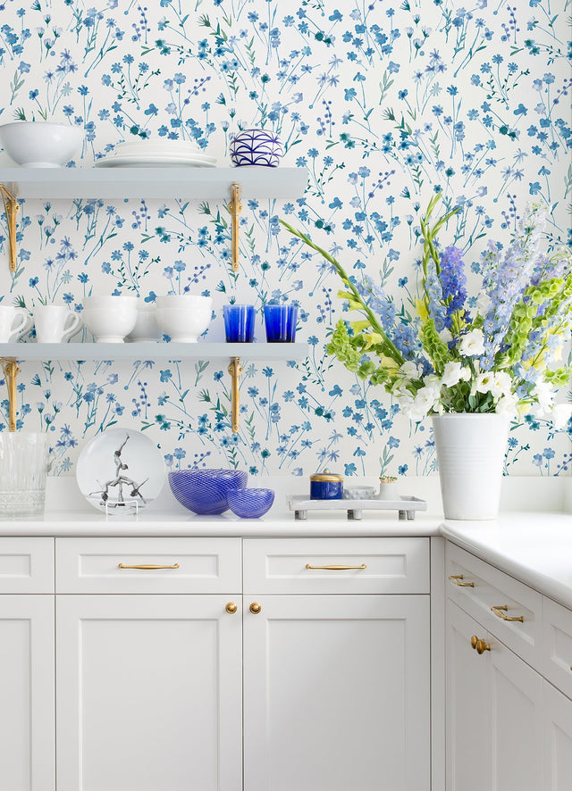 Heidi Blue Watercolor Florals Wallpaper with Botanical Flower Pattern, Unpasted Non Woven Farmhouse Style - Advantage 2980-26176