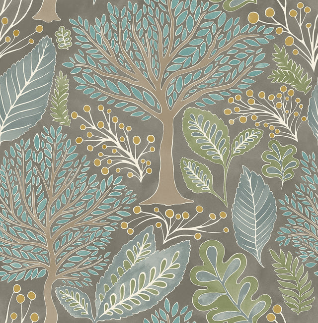 Kiah Taupe Forest Wallpaper with Whimsical Botanical Trees Pattern - Advantage 2980-26182