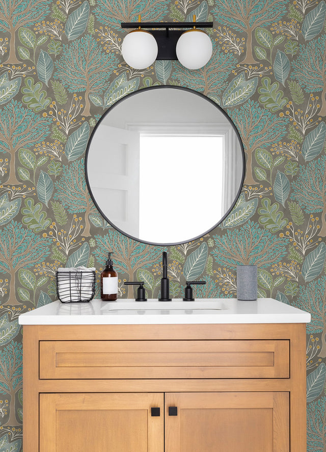 Kiah Taupe Forest Wallpaper with Whimsical Botanical Trees Pattern - Advantage 2980-26182