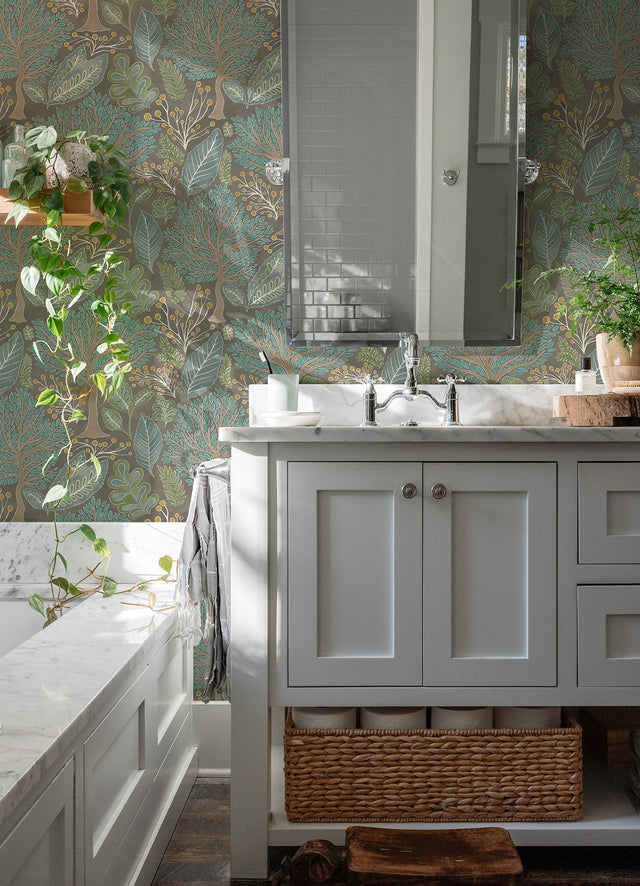 Kiah Taupe Forest Wallpaper with Whimsical Botanical Trees Pattern - Advantage 2980-26182