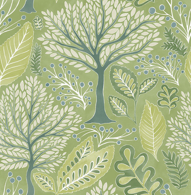 Kiah Green Forest Wallpaper with Whimsical Botanical Trees Pattern - Advantage 2980-26184