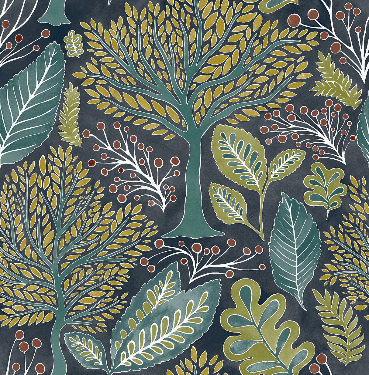 Kiah Blue Forest Wallpaper with Whimsical Botanical Trees Pattern - Advantage 2980-26186