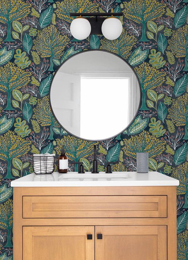 Kiah Blue Forest Wallpaper with Whimsical Botanical Trees Pattern - Advantage 2980-26186